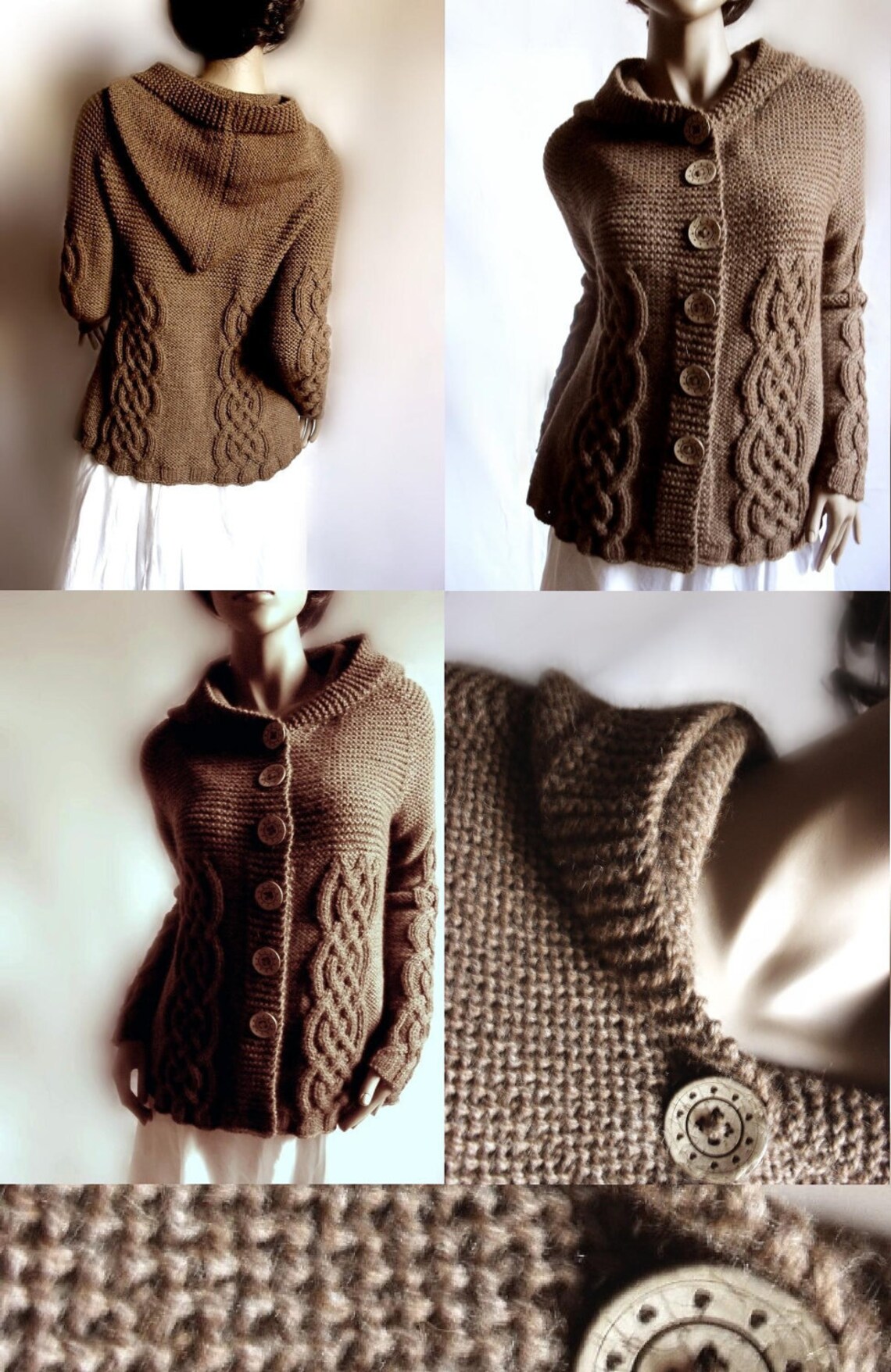 Hand Knit Sweater Womens Cable Knit Cardigan Hooded Coat Etsy