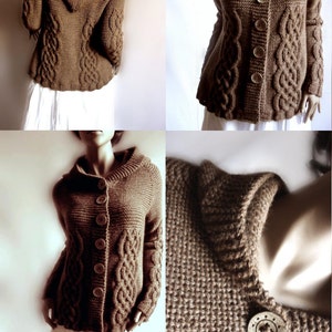 Hand Knit Sweater Womens Cable Knit Cardigan Hooded Coat Chocolate Brown Many Colors Available image 3