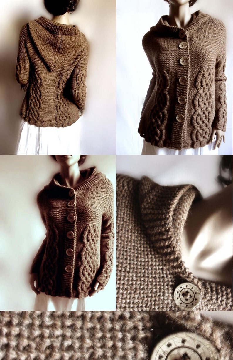 Hand Knit Sweater Womens Cable Knit Cardigan Hooded Coat Chocolate Brown Many Colors Available image 3