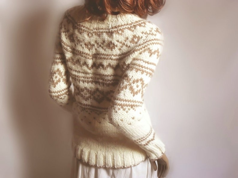 Hand Knit Sweater Fire Isle Womens Ski Sweater Turtleneck Pullover Off White Beige Brown image 2