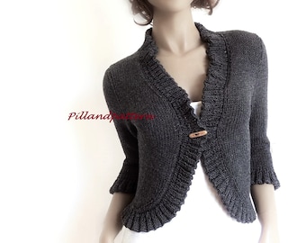 Hand Knit Bolero Women's Knit Cardigan Knitted Merino Wool Sweater Buttoned Ruffled Borders Jacket Custom Colors and sizes