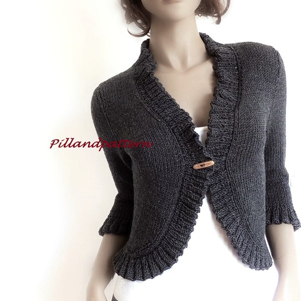 Hand Knit Bolero Women's Knit Cardigan Knitted Merino Wool Sweater Buttoned Ruffled Borders Jacket Custom Colors and sizes