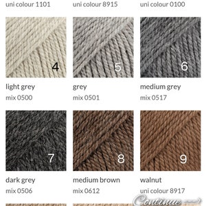 May include: A color chart of yarn samples in various shades of white, grey, brown, and beige. The yarn samples are labeled with numbers and names, such as "white", "chalk", "off white", "light grey", "grey", "medium grey", "dark grey", "medium brown", "walnut", "camel", "beige", and "light beige".