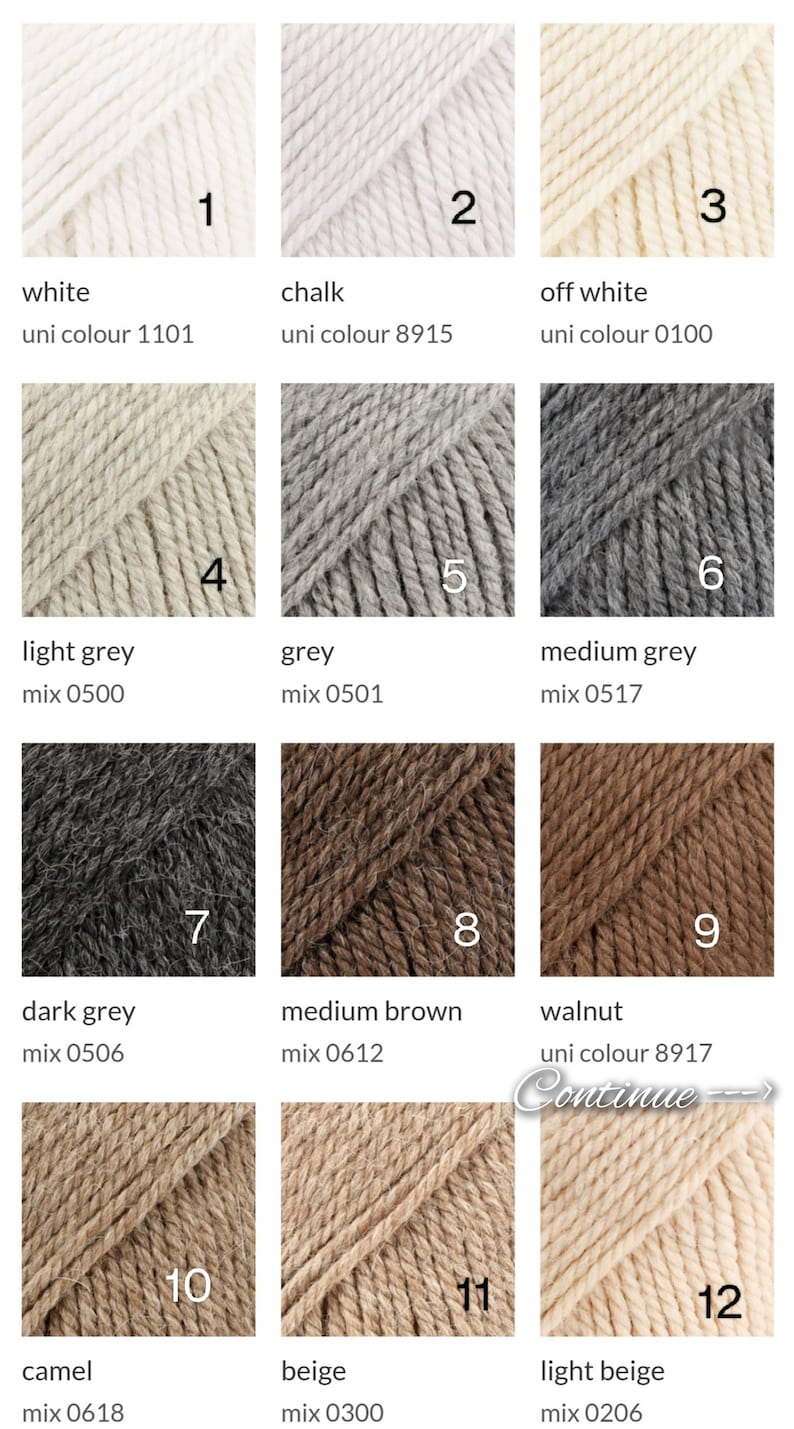 May include: A color chart of yarn samples in various shades of white, grey, brown, and beige. The yarn samples are labeled with numbers and names, such as "white", "chalk", "off white", "light grey", "grey", "medium grey", "dark grey", "medium brown", "walnut", "camel", "beige", and "light beige".