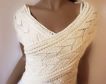 Women's Hand Knitted Sweater Vest Lace Knit Cotton Cross Vest Wrap Sweater Natural Fiber Knit, Many colors available