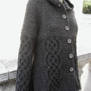 Knit Sweater Womens Cable Knit Jacket Cardigan Dark Grey Hooded Coat image 2