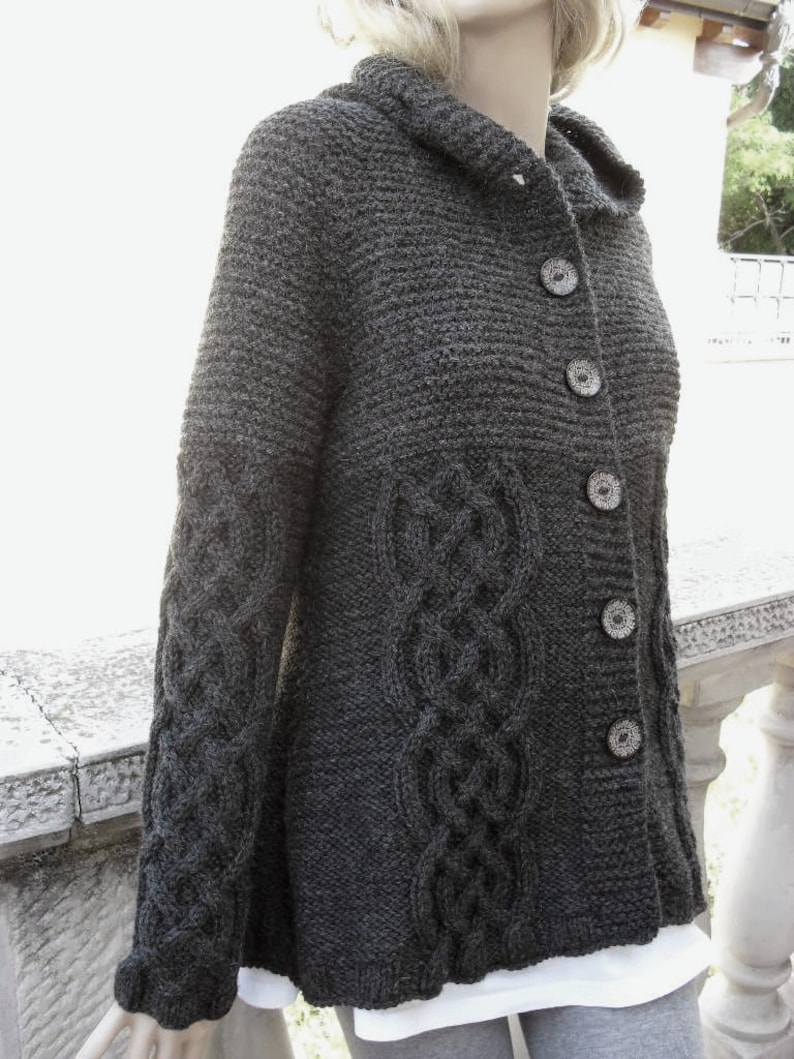 Knit Sweater Womens Cable Knit Jacket Cardigan Dark Grey Hooded Coat image 2