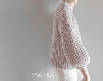 Puff Sleeves Cropped Cardigan Woman Knitted Three Quarter