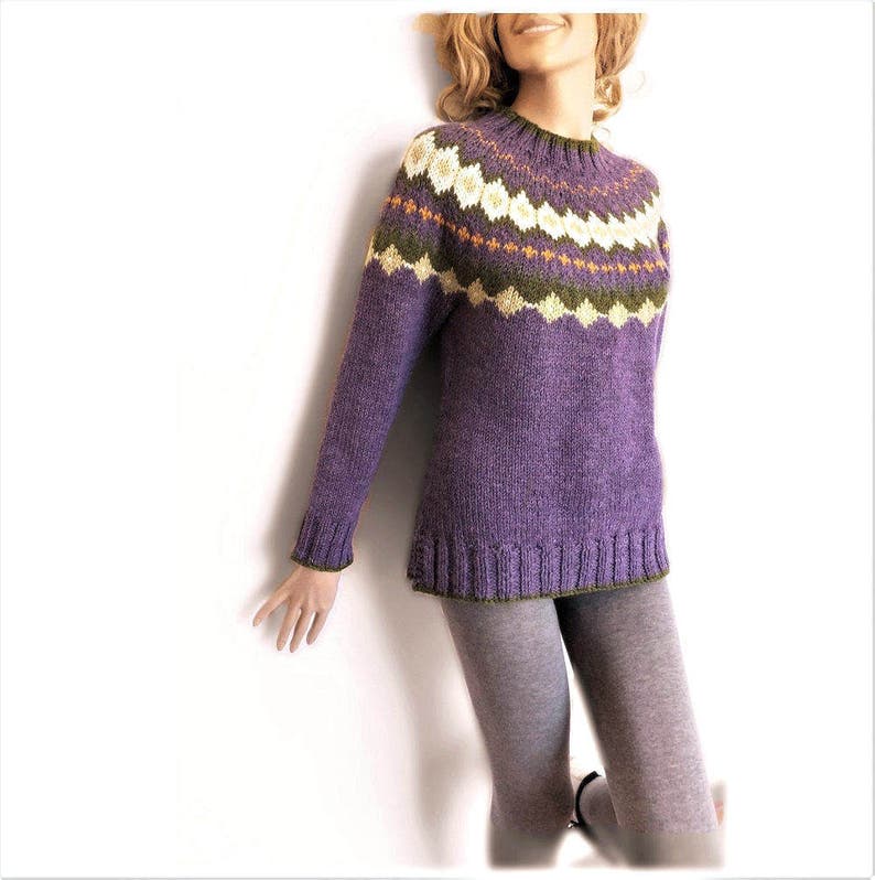 Fire Isle Knit Multicolor Round Joke Sweater Handmade Pullover Pilland Knits Natural Fiber Sweater Purple Knit Sweater Custom Color Knitwear