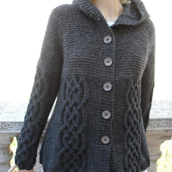 Knit Sweater Womens Cable Knit Jacket Cardigan Dark Grey Hooded Coat