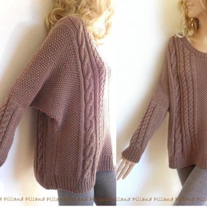 Hand Knit Sweater Bat sleeves Open neckline tunic sweater Loose fit cable knit pullover image 5