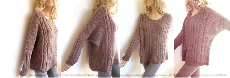 Hand Knit Sweater Bat sleeves Open neckline tunic sweater Loose fit cable knit pullover image 5