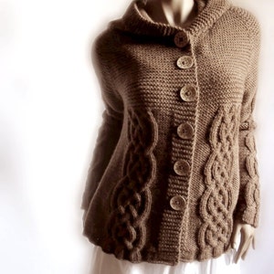 Hand Knit Sweater Womens Cable Knit Cardigan Hooded Coat Chocolate Brown Many Colors Available image 1