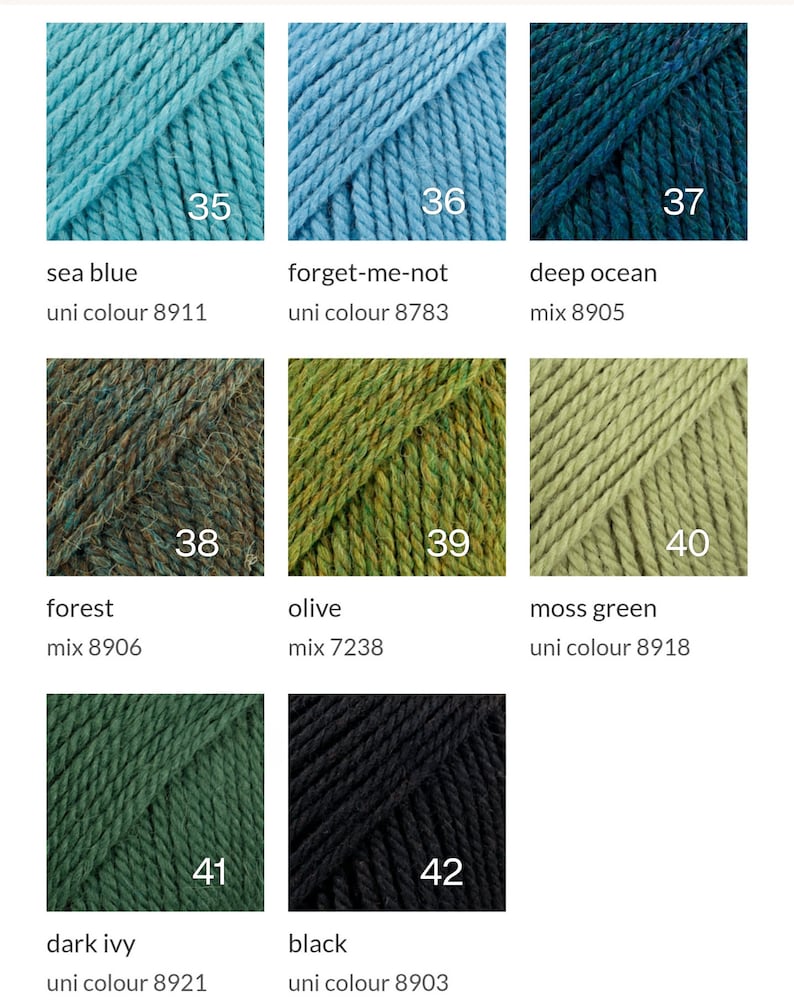 May include: Yarn samples in various colors, including sea blue, forget-me-not, deep ocean, forest, olive, moss green, dark ivy, and black. Each sample is labeled with a number and a color name.