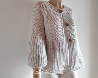 Puff sleeves cropped cardigan Woman knitted three quarter sleeve cardigan Cream jacket Knitted Puff sleeve jacket Custom color knit sweater