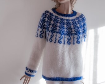 Handgestrickter Mohair isländischer nordischer Pullover Fuzzy Weiß und Kobaltblau Pullover Damen Leichter Pullover