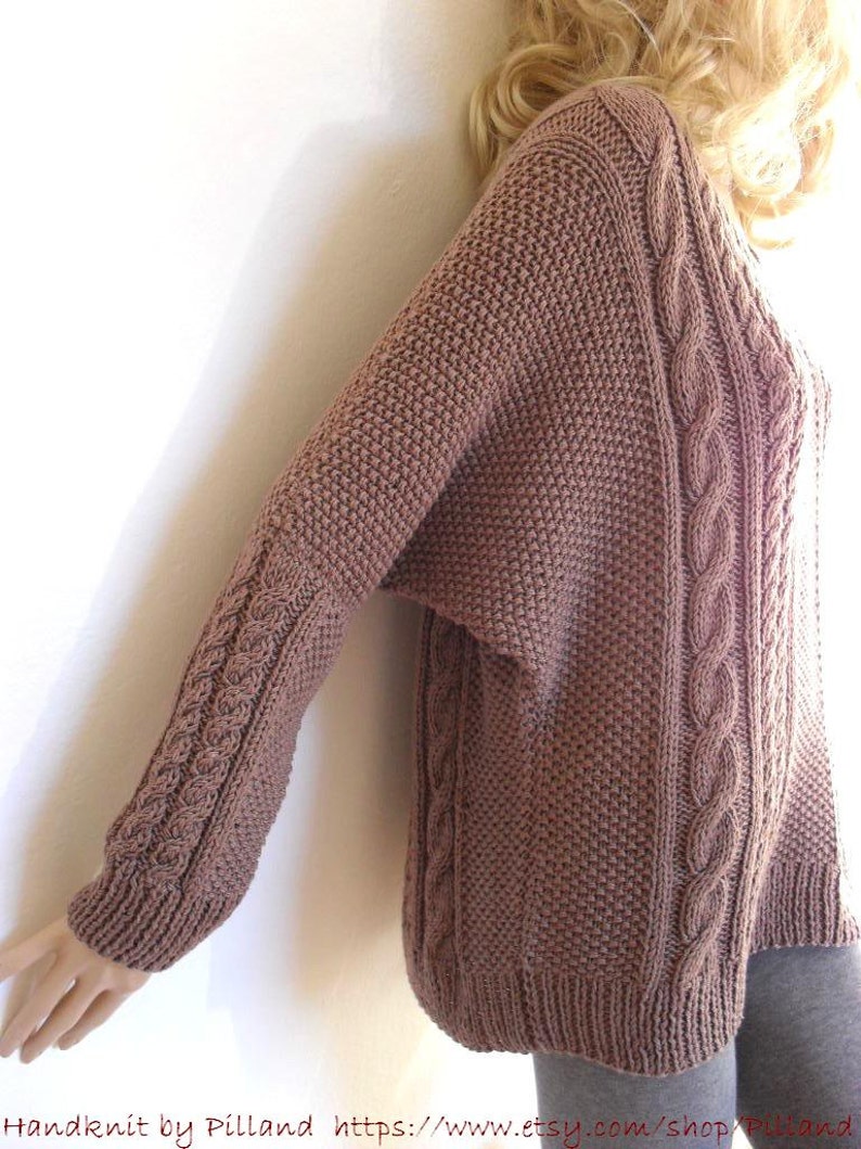 Hand Knit Sweater Bat sleeves Open neckline tunic sweater Loose fit cable knit pullover image 3