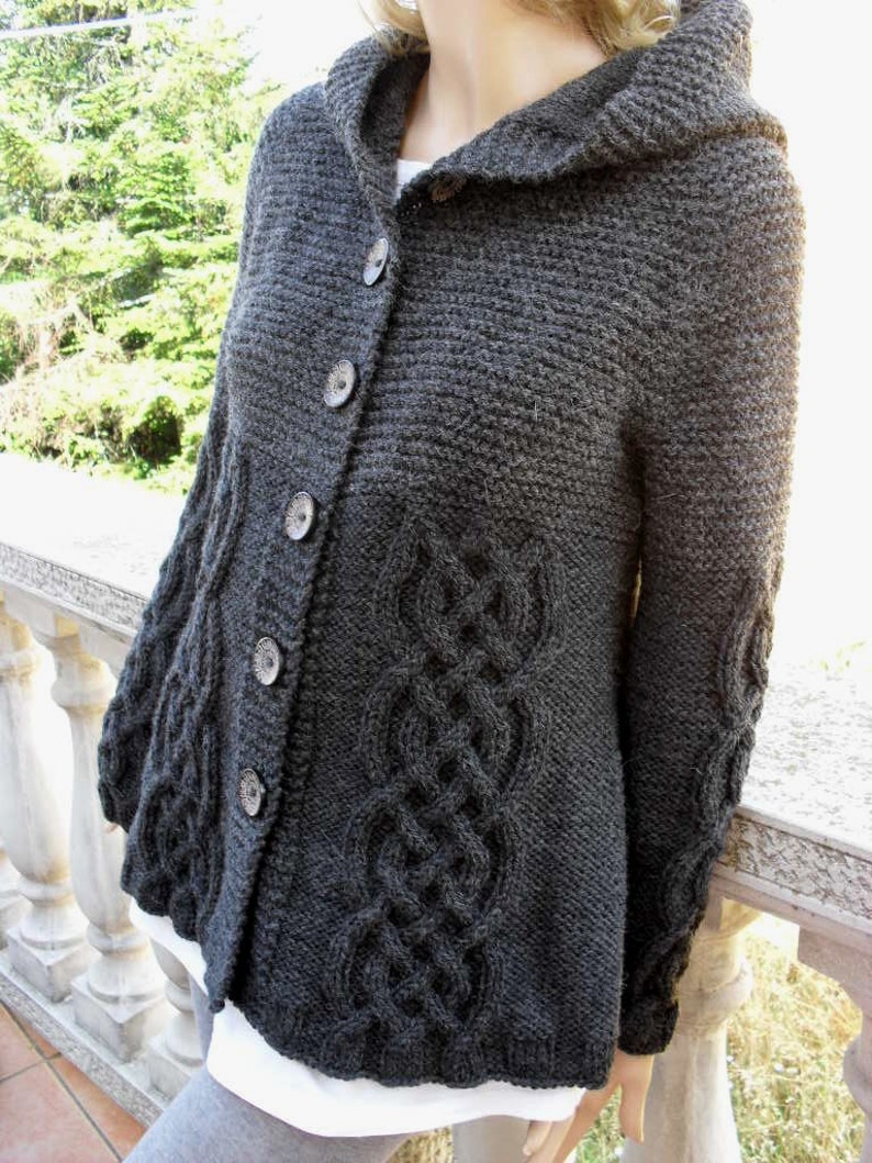 Knit Sweater Womens Cable Knit Jacket Cardigan Dark Grey Hooded Coat image 3