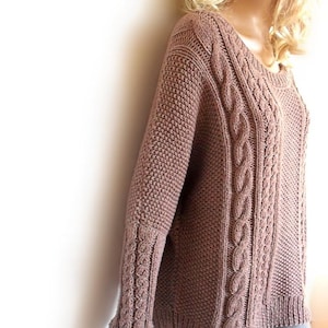 Hand Knit Sweater Bat sleeves Open neckline tunic sweater Loose fit cable knit pullover image 1