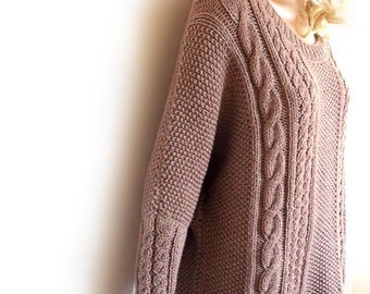 Hand Knit Sweater Bat sleeves Open neckline tunic sweater Loose fit cable knit pullover