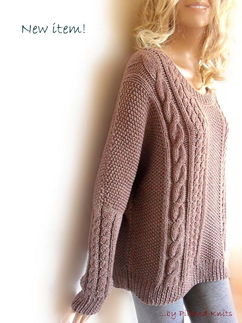 Hand Knit Sweater Bat sleeves Open neckline tunic sweater Loose fit cable knit pullover image 1