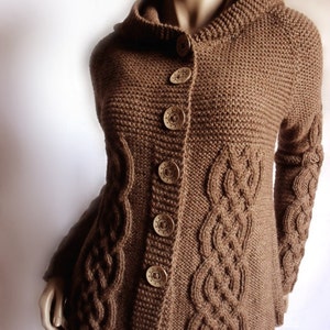 Hand Knit Sweater Womens Cable Knit Cardigan Hooded Coat Chocolate Brown Many Colors Available image 2