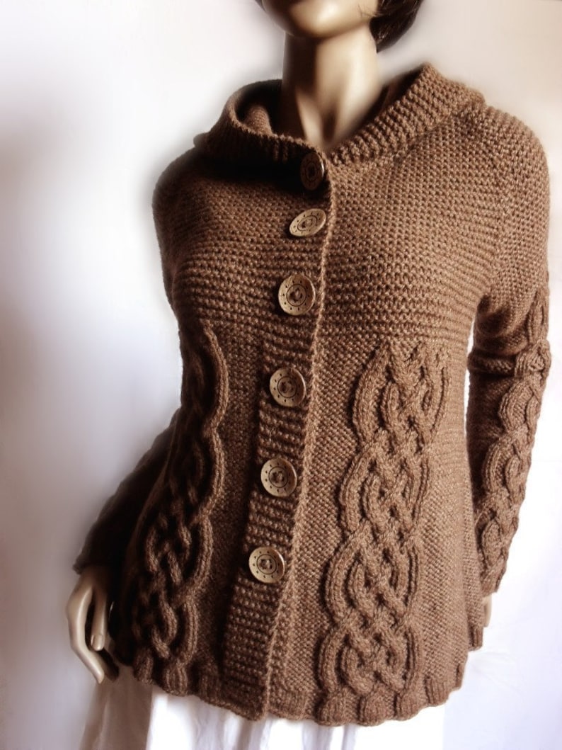 Hand Knit Sweater Womens Cable Knit Cardigan Hooded Coat Chocolate Brown Many Colors Available image 2