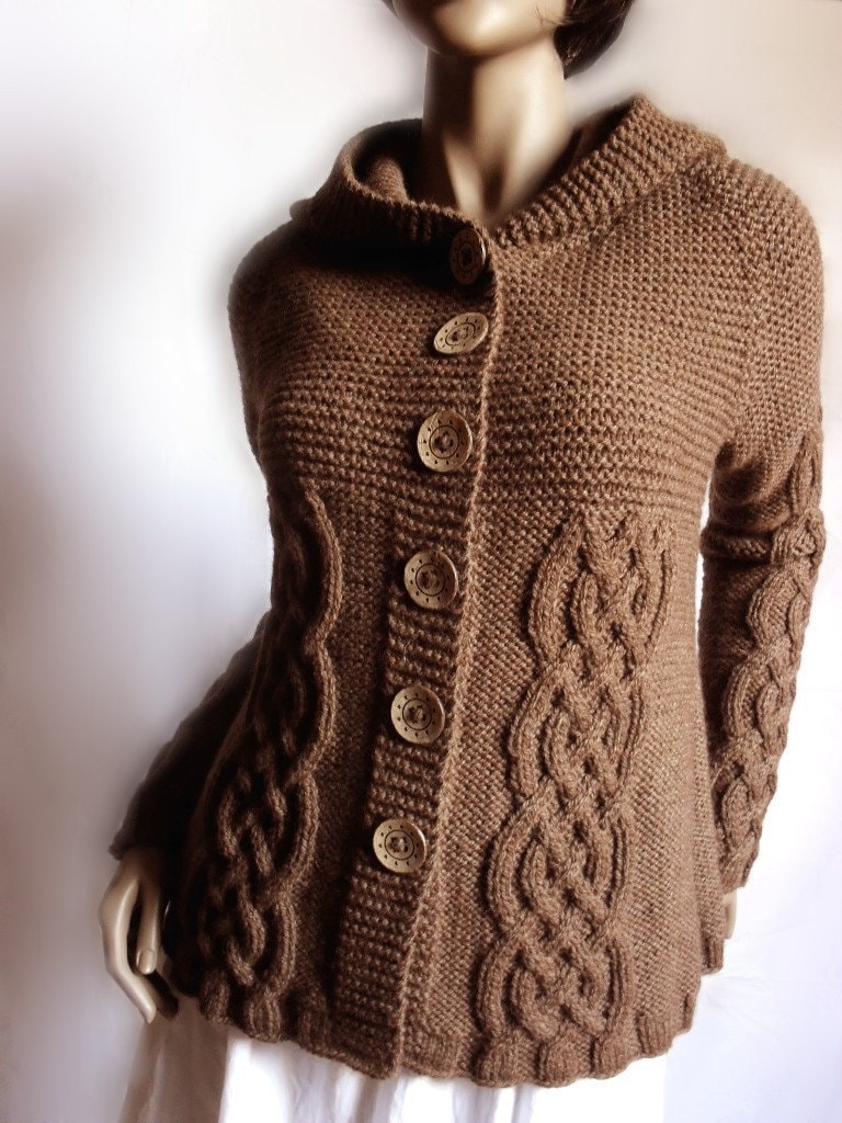 Hand Knit Sweater Womens Cable Knit Cardigan Hooded Coat - Etsy