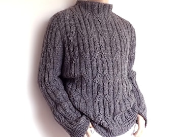 Men's sweater Chunky Knit Gray cabled pullover Smocked Grey Loose fit oversized unisex sweater