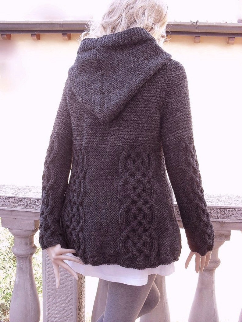 Knit Sweater Womens Cable Knit Jacket Cardigan Dark Grey Hooded Coat image 4