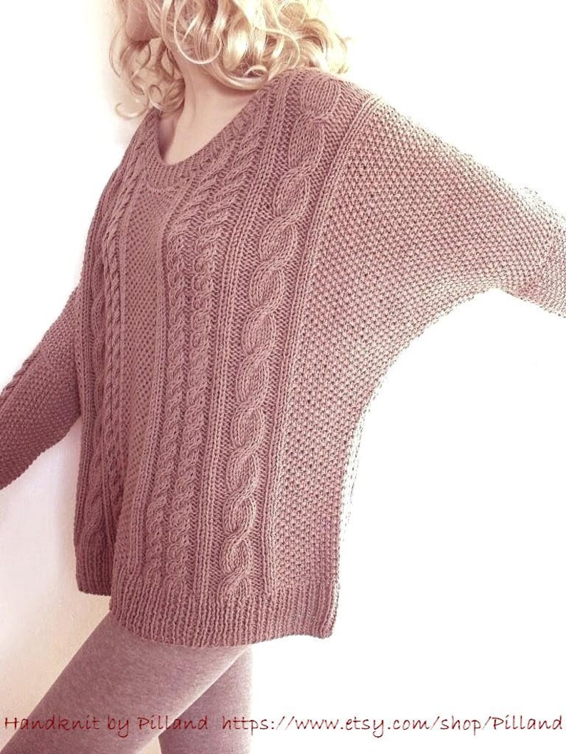 Hand Knit Sweater Bat sleeves Open neckline tunic sweater Loose fit cable knit pullover image 4