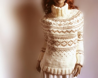 Hand Knit Sweater Fire Isle Womens Ski Sweater Turtleneck Pullover Off White Beige Brown