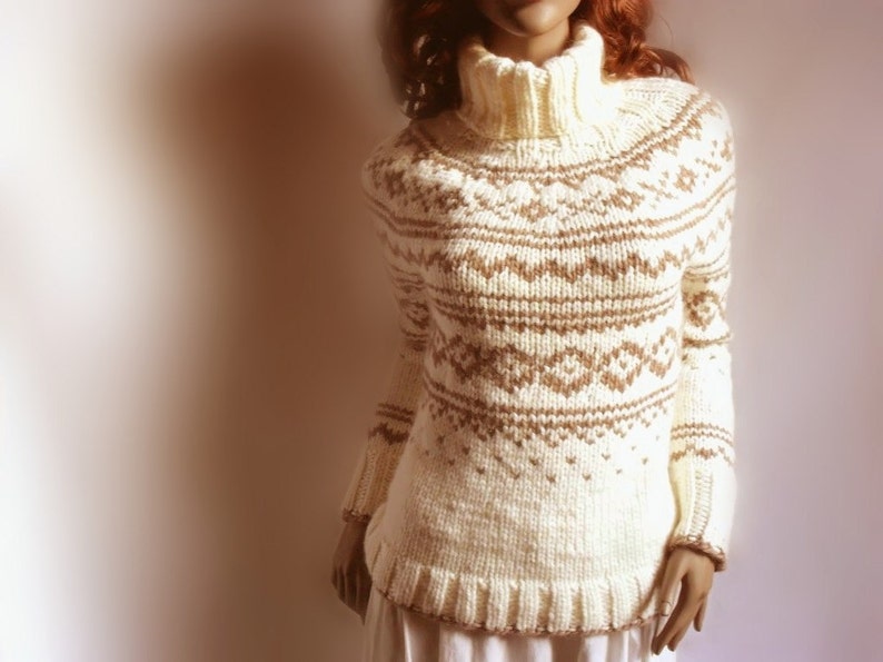 Hand Knit Sweater Fire Isle Womens Ski Sweater Turtleneck Pullover Off White Beige Brown image 1