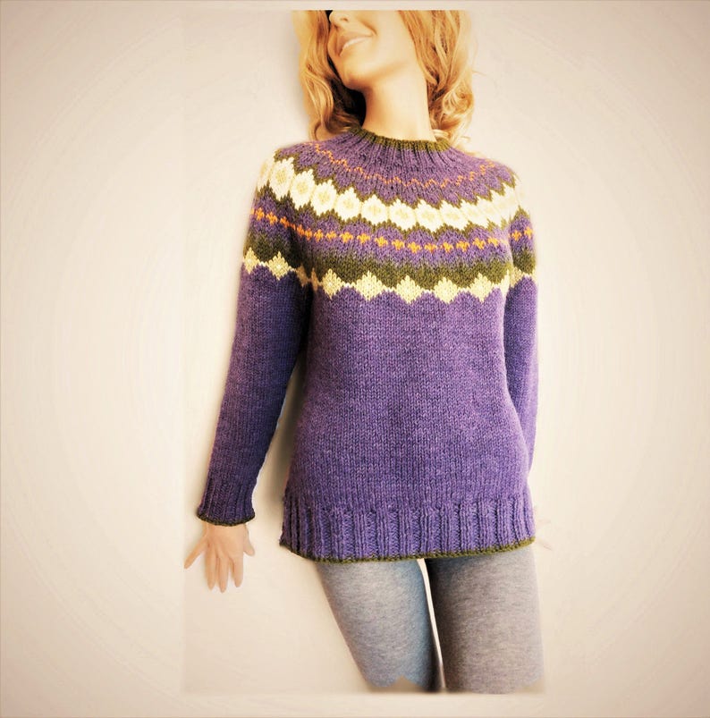 Fire Isle Knit Multicolor Round Joke Sweater Handmade Pullover Pilland Knits Natural Fiber Sweater Purple Knit Sweater Custom Color Knitwear