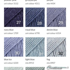 May include: A color chart of yarn samples, numbered 24 through 34, with names and uni color or mix numbers. The colors include powder pink, grey/purple, purple, navy blue, royal blue, denim blue, blue ice, light blue, fog, light grey blue, grey green, and aqua blue. The chart is labeled "Continue" and "out of stock".