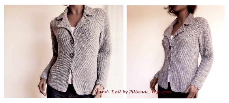 May include: A gray knitted cardigan with a collar and button closure. The cardigan is shown on a mannequin.