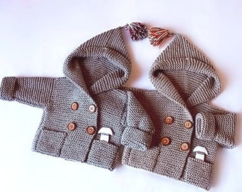 Tricot à la main manteau bébé à capuche pour enfants Veste en laine mérinos Manteau avec poches Différentes tailles et couleurs