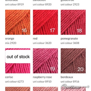 May include: A color chart of yarn samples in various shades of yellow, orange, red, pink, and brown. The yarn samples are labeled with numbers and names, such as "lemonade", "dandelion", "goldenrod", "orange", "red", "pomegranate", "cerise", "raspberry rose", "bordeaux", "red clay", "blush", and "medium pink".