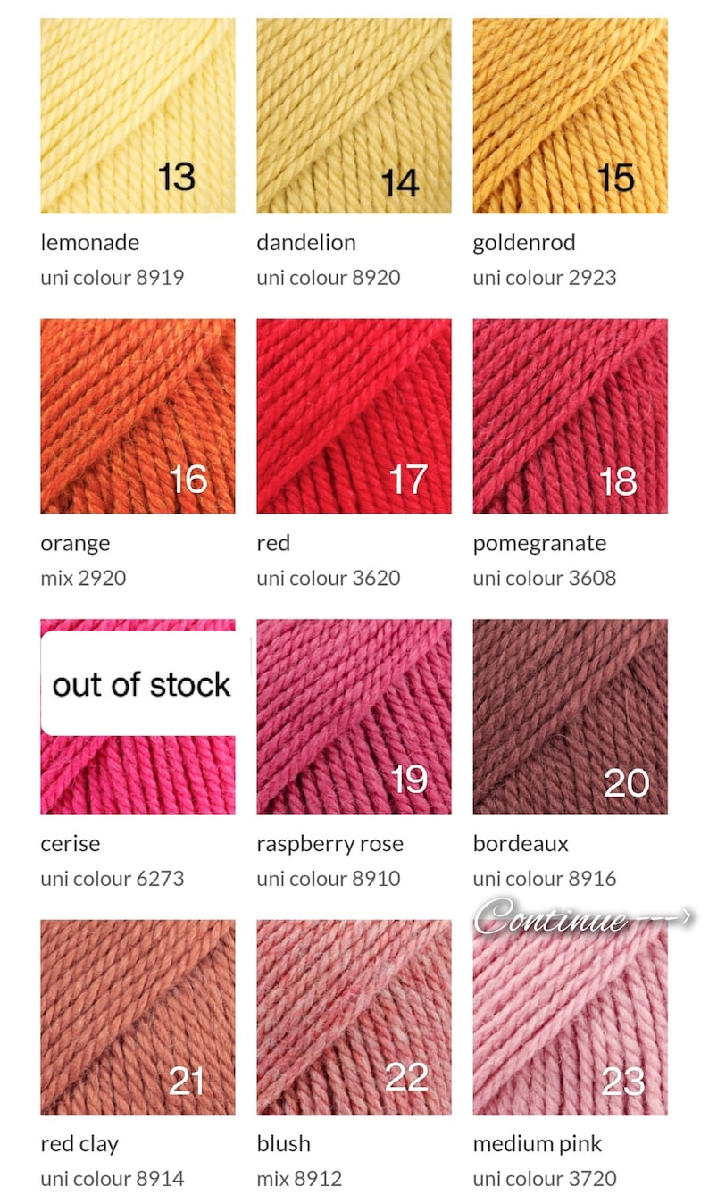 May include: A color chart of yarn samples in various shades of yellow, orange, red, pink, and brown. The yarn samples are labeled with numbers and names, such as "lemonade", "dandelion", "goldenrod", "orange", "red", "pomegranate", "cerise", "raspberry rose", "bordeaux", "red clay", "blush", and "medium pink".