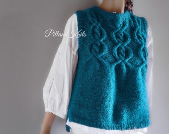 Chaleco de mujer, chaleco de línea A Handknit gilet slipover suéter suave y esponjoso suéter de cuello redondo de punto de cable, muchos colores disponibles