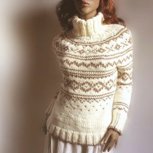 Hand Knit Sweater Fire Isle Womens Ski Sweater Turtleneck Pullover Off White Beige Brown image 3