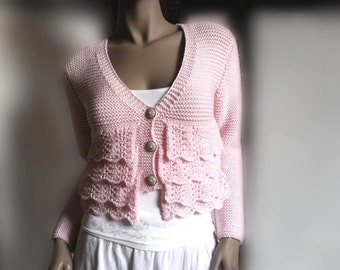 Women's Knit Cardigan Knit Lace Sweater Ruffle  Soft Pink White Blue Brown Grey Green Yellow Beige Cardigan Choose the Color