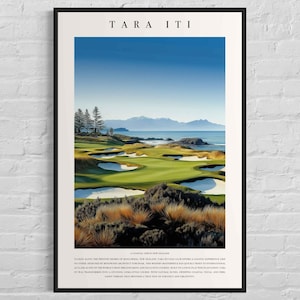 May include: Framed art print featuring a scenic golf course landscape with the text "TARA ITI" at the top. The artwork depicts a green golf course with white sand traps, ocean, and mountains under a blue sky.