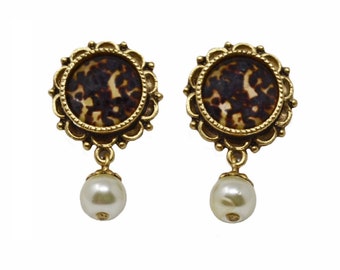 Tortoiseshell Ornate Pearl Drop Earrings, Antique Gold Ornate Earrings, Tortoiseshell Earrings, Pearl Earrings, Ornate Jewelry, Mother's Day