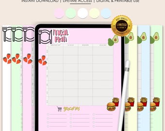 Puede incluir: Un planificador de comidas imprimible rosa con una cuadrícula para planificar comidas para el desayuno, el almuerzo, la cena y los refrigerios. El planificador también incluye una sección de lista de la compra. El planificador está rodeado por cuatro versiones de colores diferentes del mismo planificador.