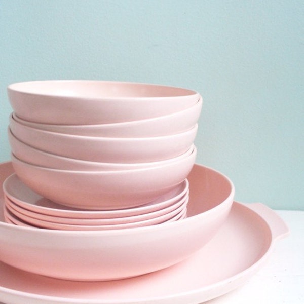 Vintage Lot of Pink Plastic Melmac Melamine Type Dishes Serving Platter Serving Bowl Six Saucer Plates and Five Bowls