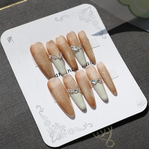 Champagne Gold Glitter French Tip Press On Nails | Almond Shape Fake Nails | Rhinestone Luxury Nails | Reusable Glam Bridal Nails Set