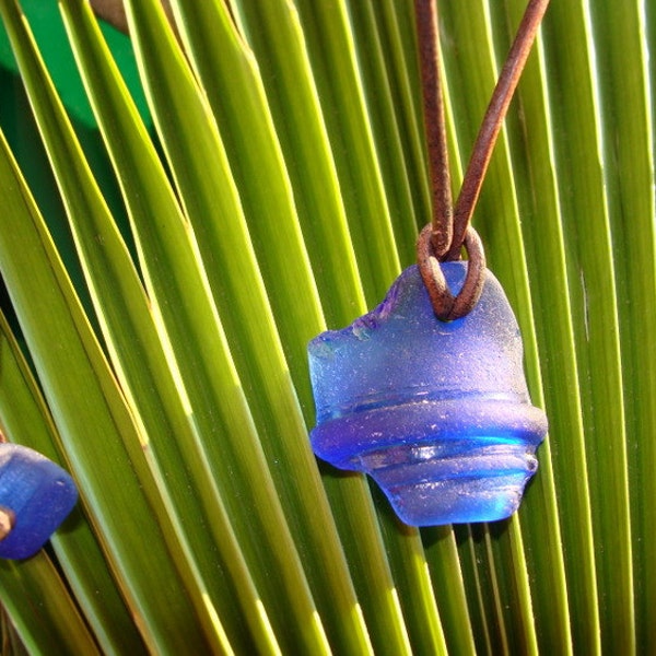 Blue Bottle Rim Beach Glass and Leather Necklace