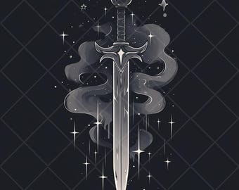 Mystical Sword Fantasy Art - Magical Stars and Smoke Digital Download - Instant Printable Wall Art