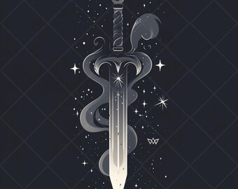 Celestial Sword Fantasy Art - Mystical Stars and Smoke Digital Download - Instant Printable Wall Art